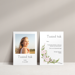 Takkekort Blush Spring til konfirmation med ranunkler, pæoner og grønne blade