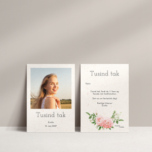 Takkekort til konfirmation med sløjfe. Takkekort med billede af konfirmanden, hybenroser og hvide blomster. Inkl. hvid C6 kuvert.