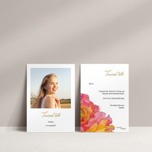 Takkekort til konfirmation med rose -A6. Takkekort med billede af konfirmanden og roser i pink og orange nuancer. Inkl. hvid C6 kuvert.