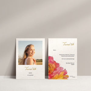 Takkekort til konfirmation med rose -A6. Takkekort med billede af konfirmanden og roser i pink og orange nuancer. Inkl. hvid C6 kuvert.