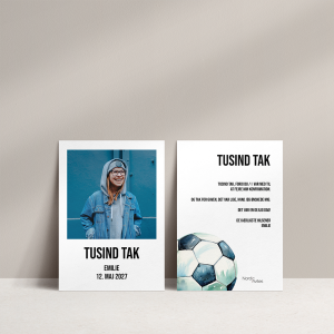 Takkekort til konfirmation med fodbold. Takkekort til konfirmanden, der er vild med fodbold med billede af konfirmandenInkl. hvid C6 kuvert.