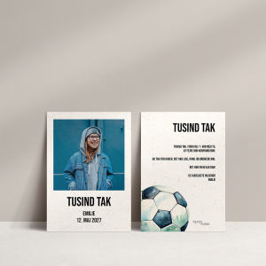 Takkekort til konfirmation med fodbold. Takkekort til konfirmanden, der er vild med fodbold med billede af konfirmandenInkl. hvid C6 kuvert.