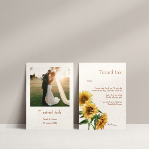 Takkekort Sunflowers til Bryllup med gyldne sensommer blomster på genbrugspapir